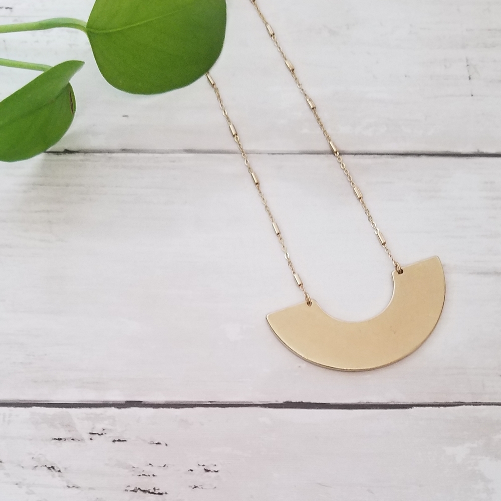 Gold Crescent Pendant Necklace with Textured Gold Chain and Extender